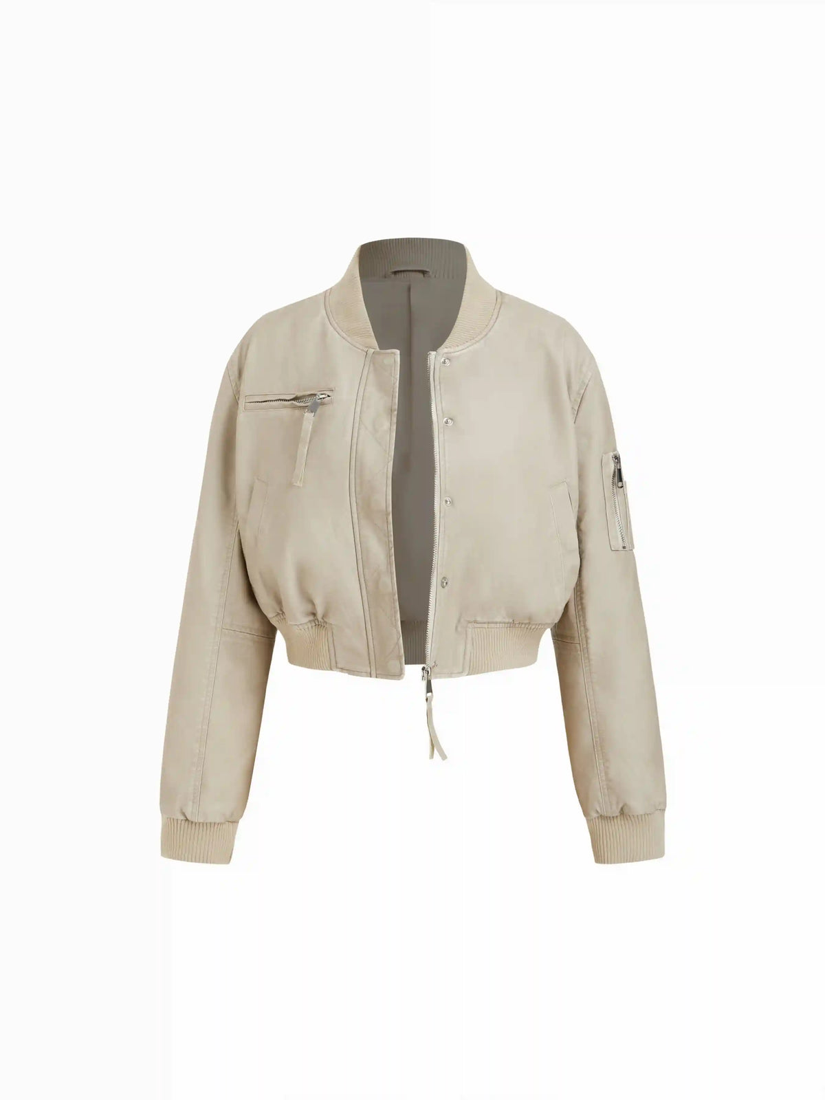 Stand Collar Zip Through Faux Leather Bomber Jacket