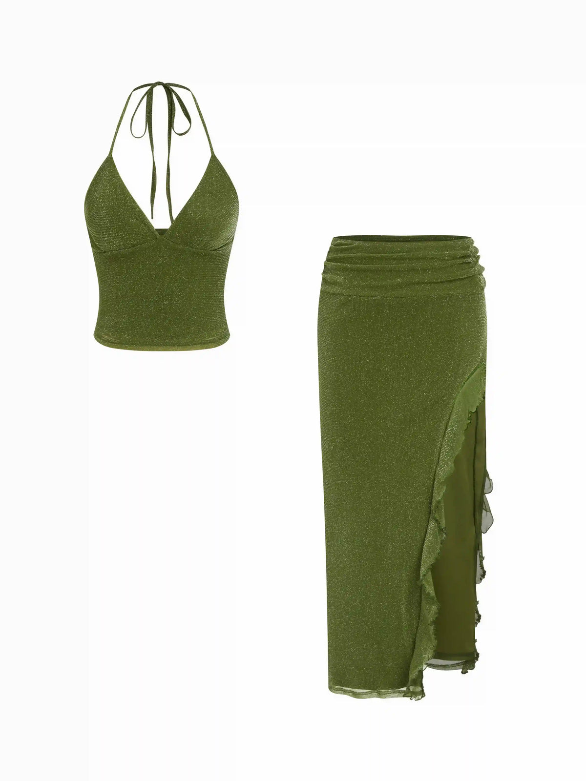 Metallic Mesh Halter Top & Low Rise Asymmetrical Pencil Maxi Skirt Set