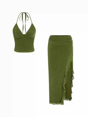 Metallic Mesh Halter Top & Low Rise Asymmetrical Pencil Maxi Skirt Set