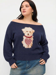 Knit Asymmetrical Neck Puppy Pattern Lantern Sleeve Sweater Curve & Plus