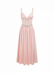 Satin V-neck Lace Panel Mid Rise Maxi Slip Dress