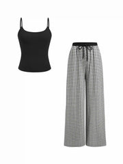 Square Neck Sleeveless Top & Mid Rise Gingham Wide Leg Trousers Set