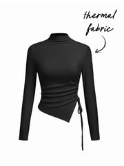 Thermal Cotton-blend Stand Collar Long Sleeve Drawstring Ruched Asymmetrical Hem Top