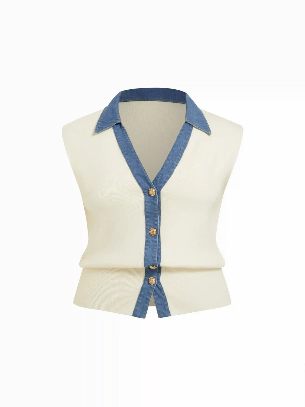 Knit V-Neck Metal Button Denim Contrasting Binding Vest Curve & Plus