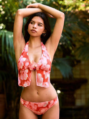 Floral Halter Neck Ruched Flower Detail Bikini Set With Cover Up Skirt