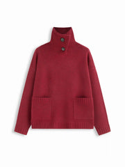 Knit Wool-blend Funnel Neck Pocket Button Oversized Sweater