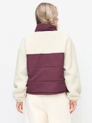 Fleece Stand Collar Colorblock Faux Fur Trim Oversized Jacket