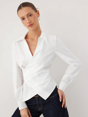 Cotton-blend V-Neck Wrap Long Sleeve Blouse