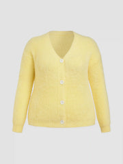 Knit Fuzzy V-neck Solid Cardigan With Scarf Curve & Plus