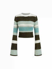 Knit Wool-blend Striped Round Neckline Bell Sleeve Crop Top