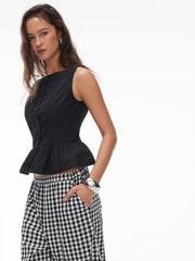 Cotton Boat Neck Peplum Top & Gingham Mid Rise Barrel-leg Trousers Set