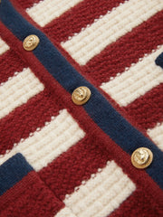 Knit Round Neck Striped Contrasting Binding Pocket Cropped Cardigan