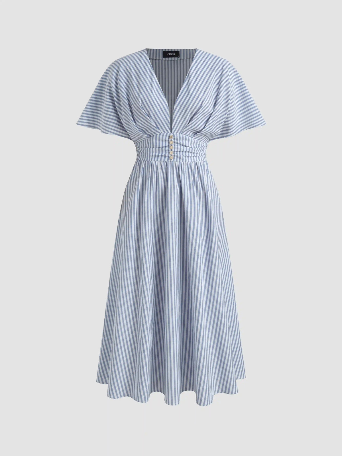 Cotton-blend V-neck Striped Ruched Button Maxi Dress