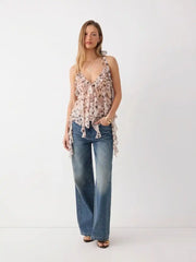 Chiffon Leopard Print Halter Neck Ruffled Knotted Crop Blouse