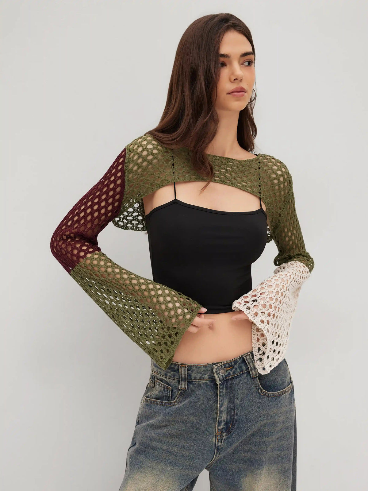 Knit Hollow Out Colorblock Crop Shrug