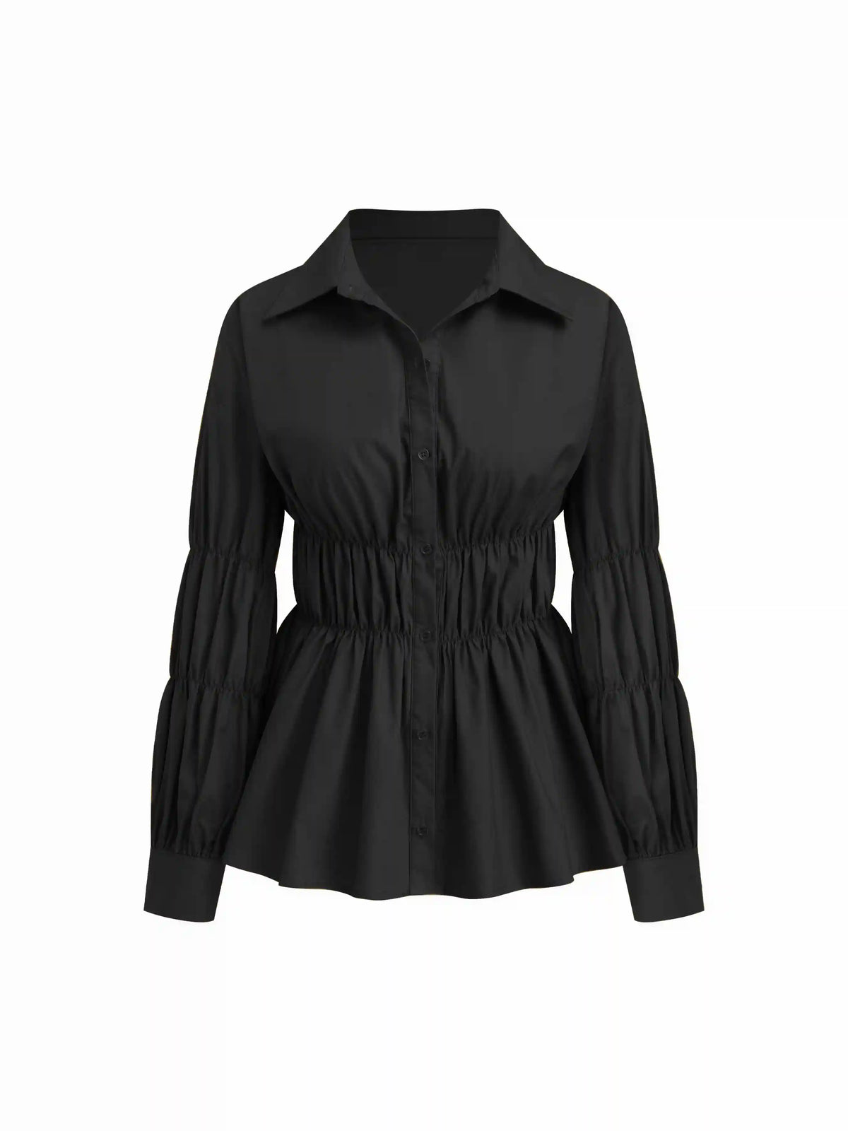 Cotton-blend Collar Shirred Ruffle Hem Shirt