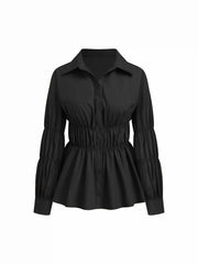 Cotton-blend Collar Shirred Ruffle Hem Shirt