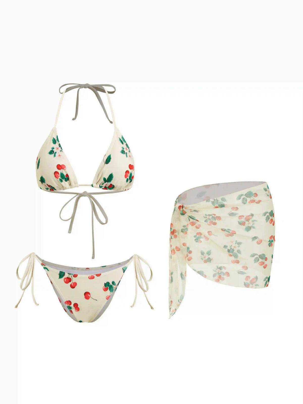 Flirty Cherry Triangle Bikini Set With Sheer Sarong