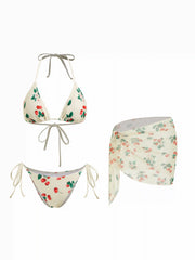 Flirty Cherry Triangle Bikini Set With Sheer Sarong