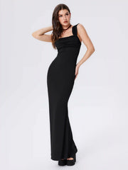 Solid Ruched U-neckline Ruffle Maxi Dress