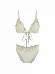 Textured V-neck Ruffle Trim Triangle Bikini Set