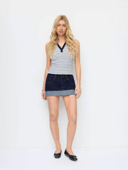 Denim Low Rise Washed Rolled Hem Metal Detail Pencil Mini Skirt