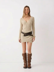 Knit V-neck Wrap A-line Mini Dress With Belt