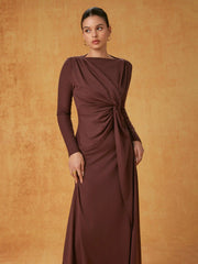 Boat Neck Asymmetrical Twist Ruched Maxi Dress