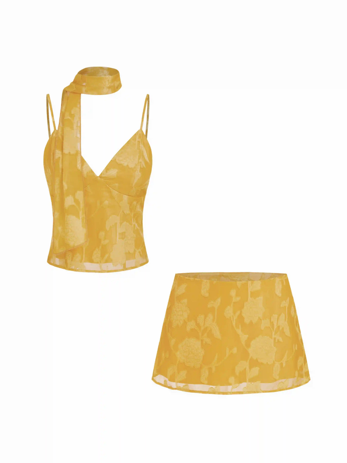 Jacquard Floral Scarf Cami Top & Mid Rise A-line Mini Skirt Set