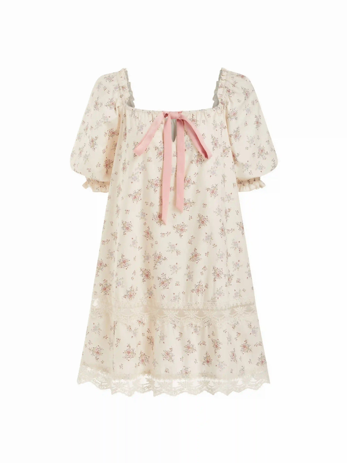 Cotton Square Neck Floral Puff Sleeve Bowknot Babydoll Mini Dress