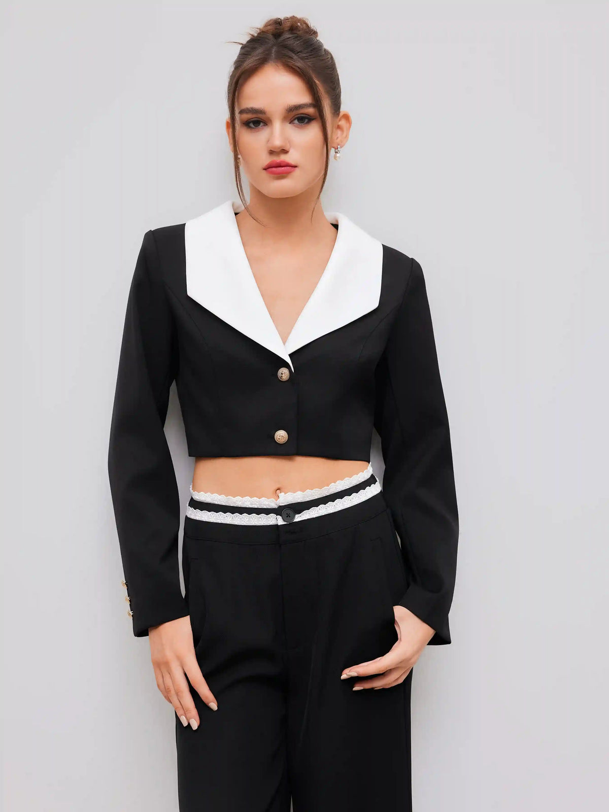 Collar Solid Button Crop Long Sleeve Blazer
