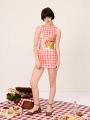 Cotton-blend Check Fruit Graphic Tank Top & Mid Rise Pencil Mini Skirt Set