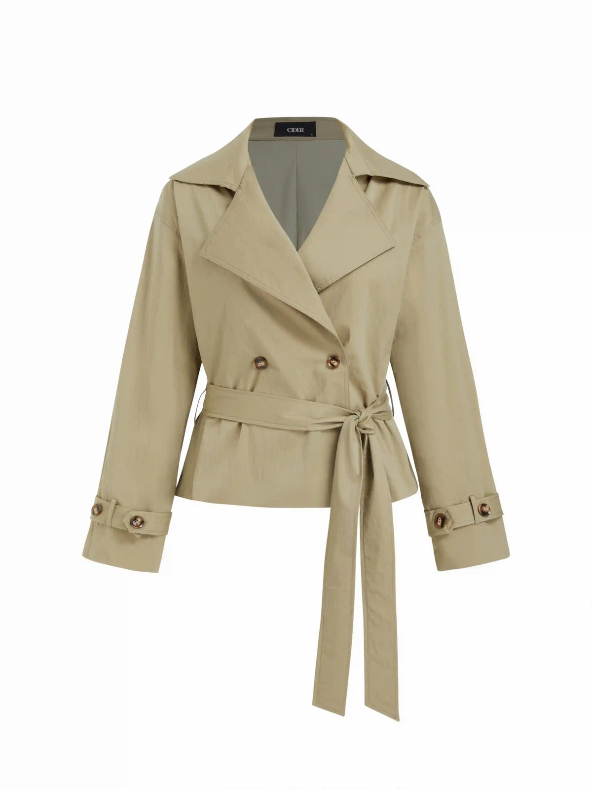 Cotton-blend Collar Long Sleeve Belted Crop Windbreaker