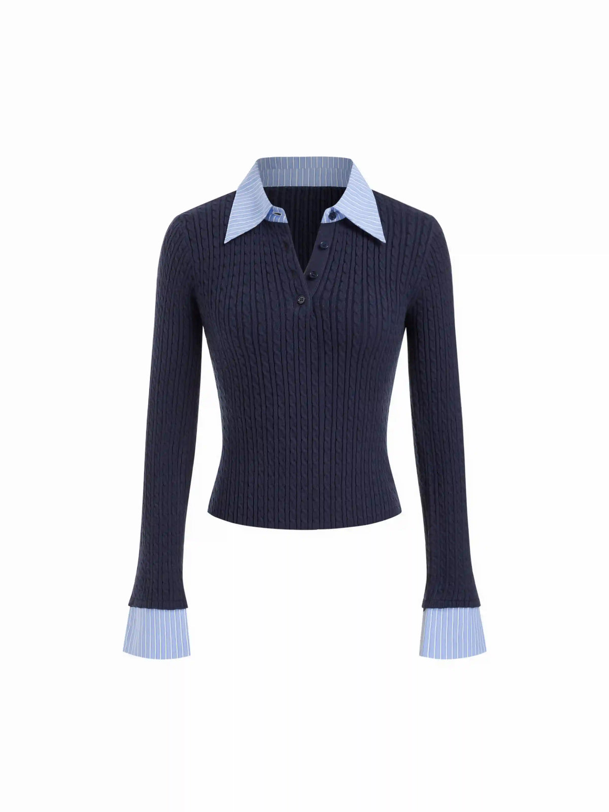 Cable Knit Collar Long Sleeve Stripe Top