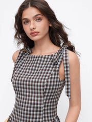 Jacquard Checks Bowknot Ruffle Hem Mini Dress
