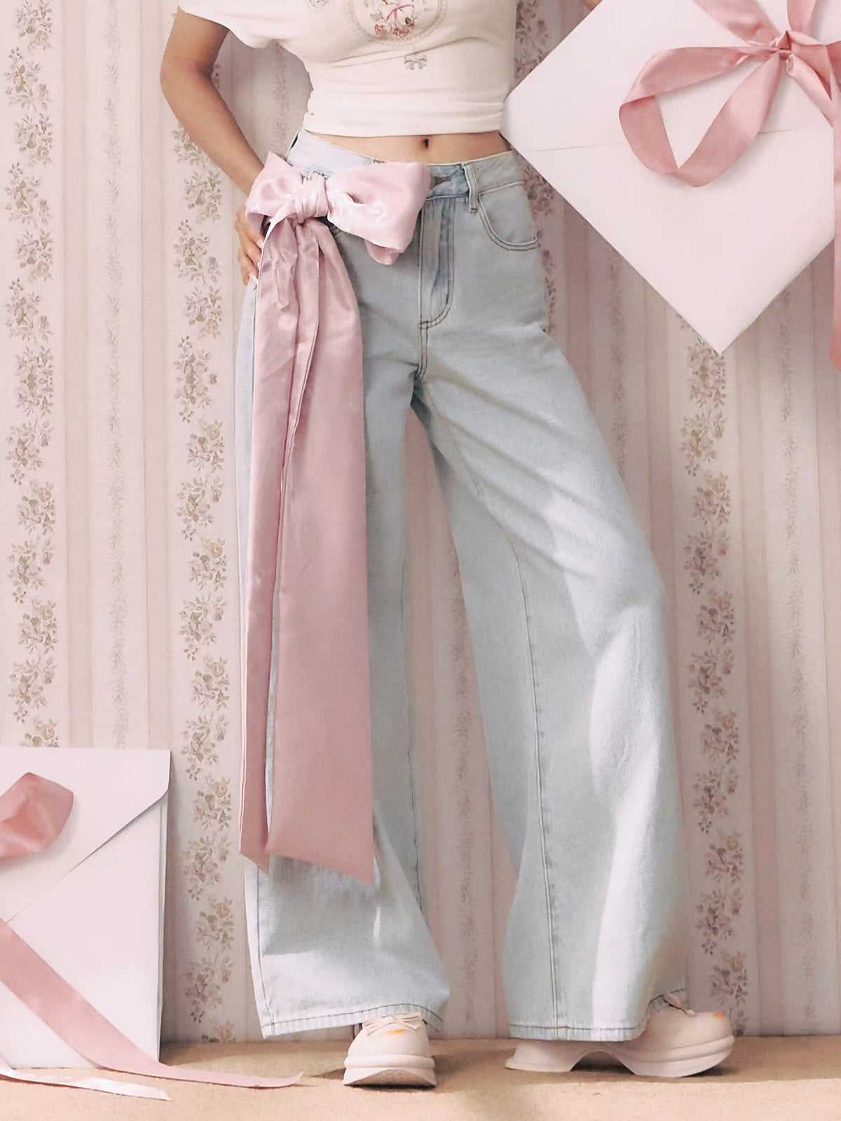 Cider Denim Mid Rise Bowknot Wide Leg Jeans