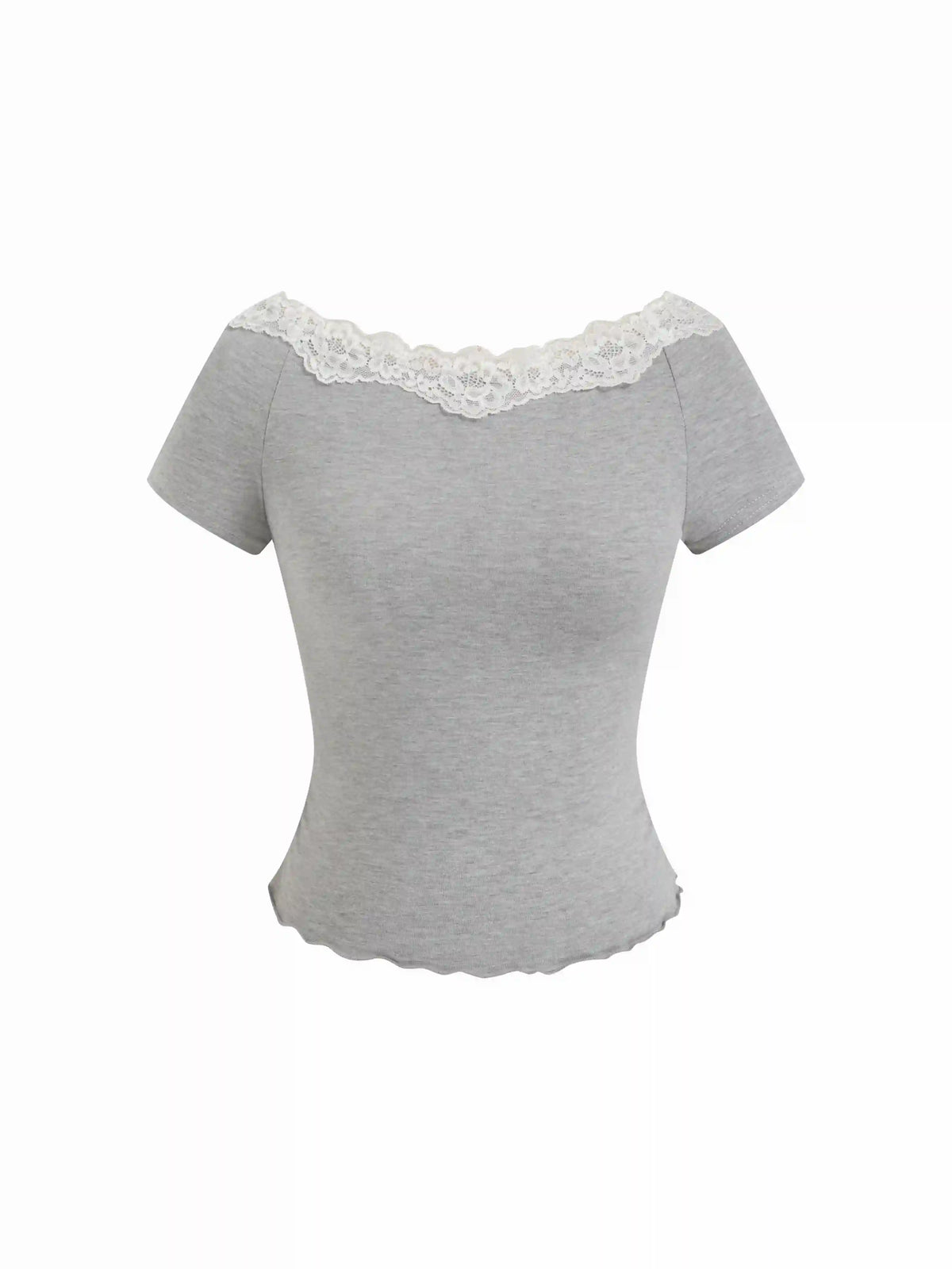 Cotton-blend Boat Neck Lace Lettuce Trim Short Sleeve Top