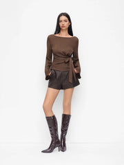 Boat Neck Textured Side Knotted Ruched Long Sleeve Top