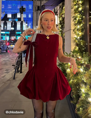 Velvet Boat Neck Ruffle Bubble Hem Mini Dress