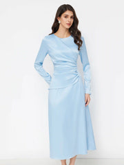 Satin Round Neckline Ruched Lace Up Maxi Dress