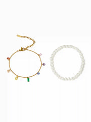 2PCS FAUX PEARL & RHINESTONE BRACELET SET