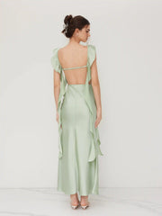 Two Way Satin V-neck Backless Ruffle Hem Maxi Dress