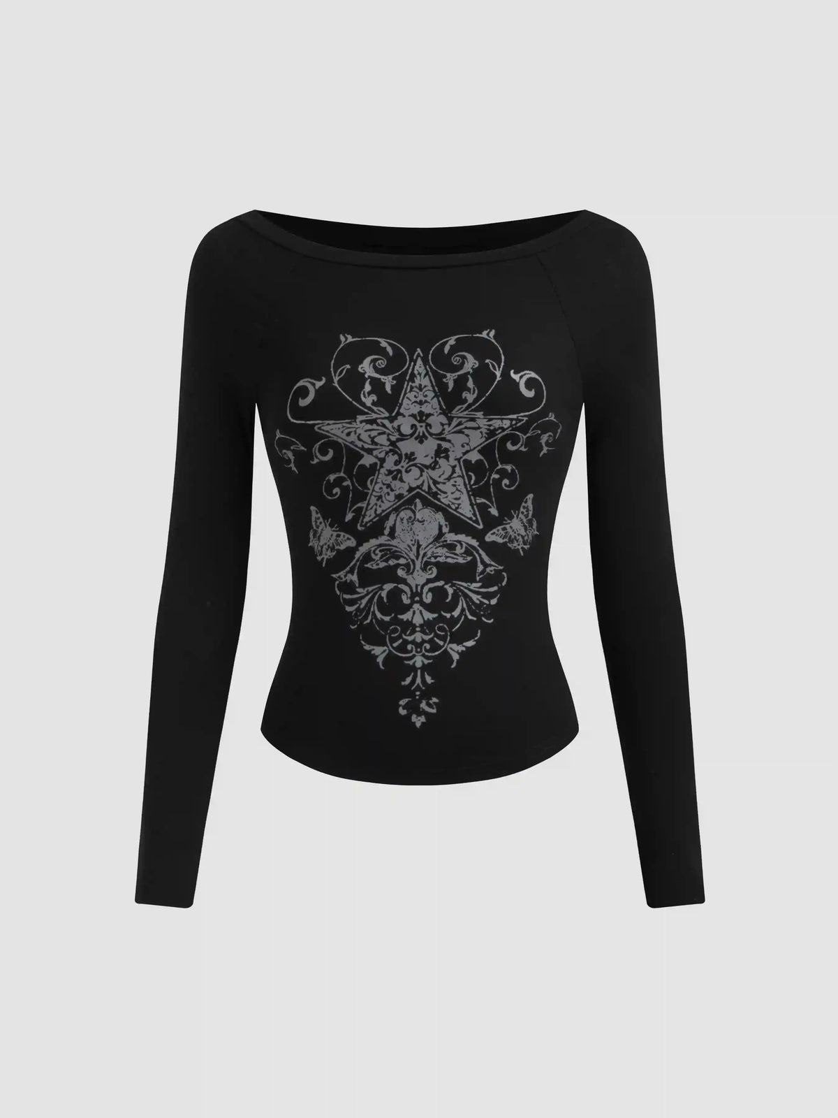 Boat Neck Star Graphic Long Sleeve Tee