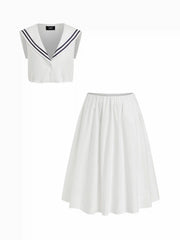 Cotton V-neck Top & Mid Rise Ruched Flared Maxi Skirt Set