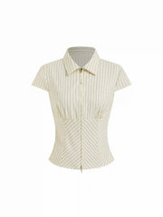 Cotton-blend Stripes Collar Zip Front Short Sleeve Blouse