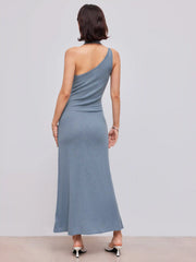 Knit Halter Neckline Solid Ruffle Hem Midi Dress