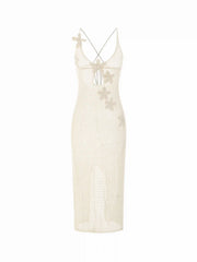 Knit Scoop Neck Flower Detail Criss Cross Hollow Out Split Cover Up Dress