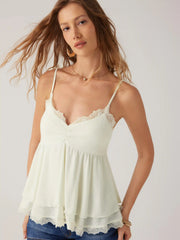 V-Neck Ruffled Ruched Lace Trim Cami Top