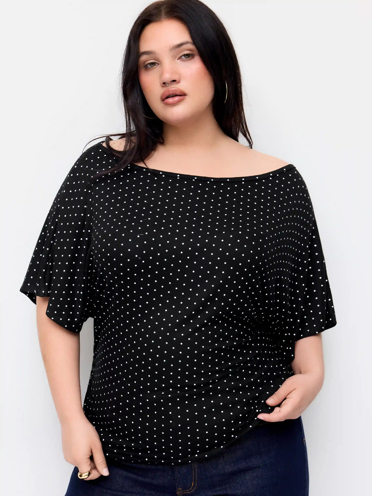 Polka Dot Boat Neck Tie Back Batwing Sleeve Top Curve & Plus