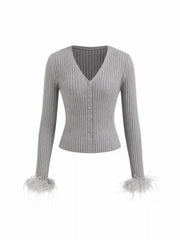 Knit V-neck Long Sleeve Top With Faux Feather Cuffs